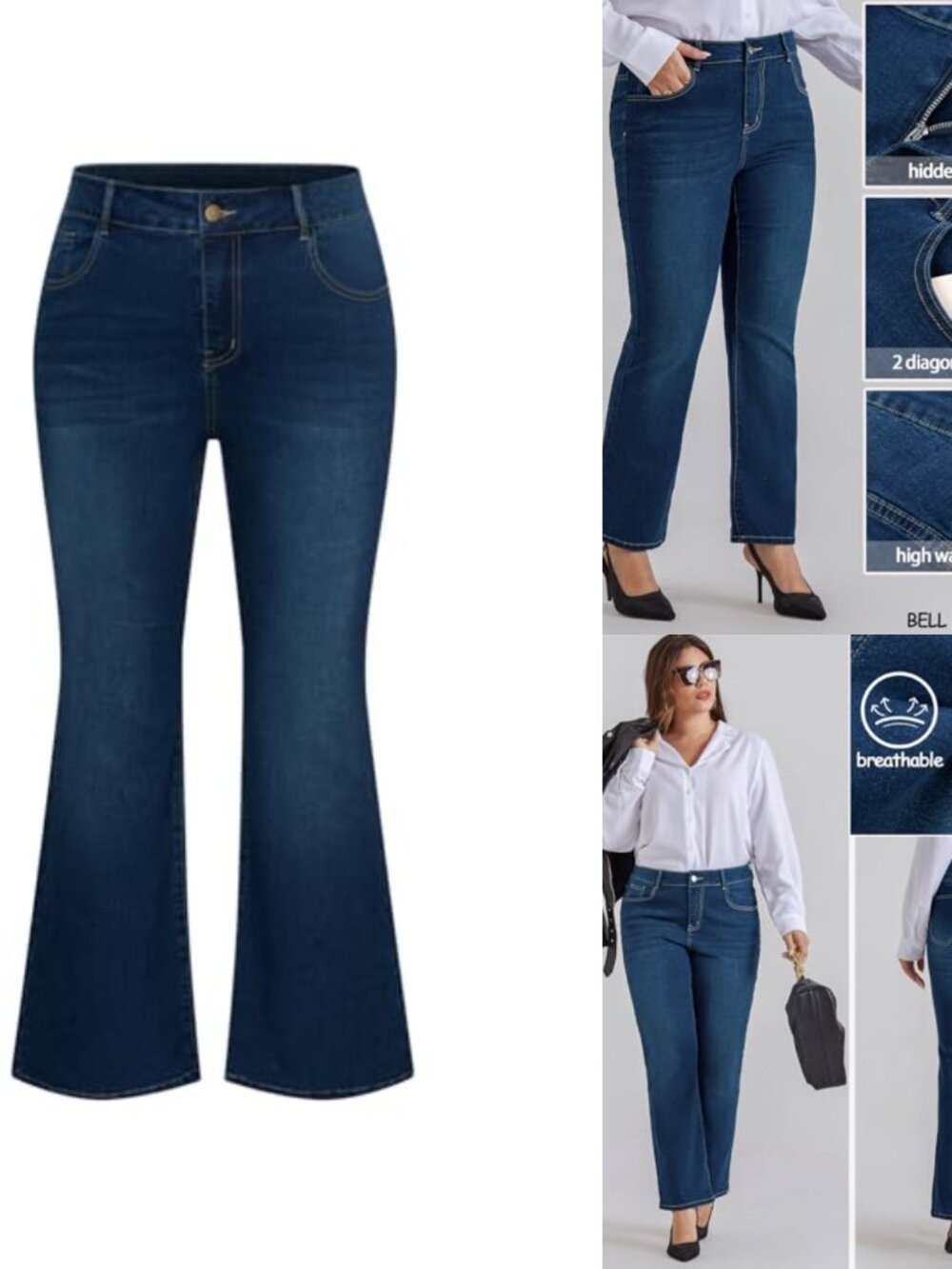 Plus Size High Waisted Flared Bell Bottom Stretchy Denim Jeans with Pockets